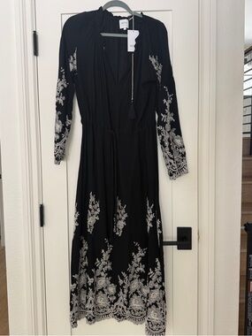 NWT Misa Los Angeles Black Maxi Dress with White Floral Embroidery small